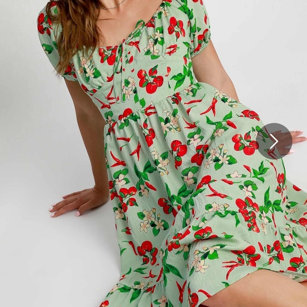 Umgee Mint Green Midi Dress with Red Cherry & Green Leaf Print